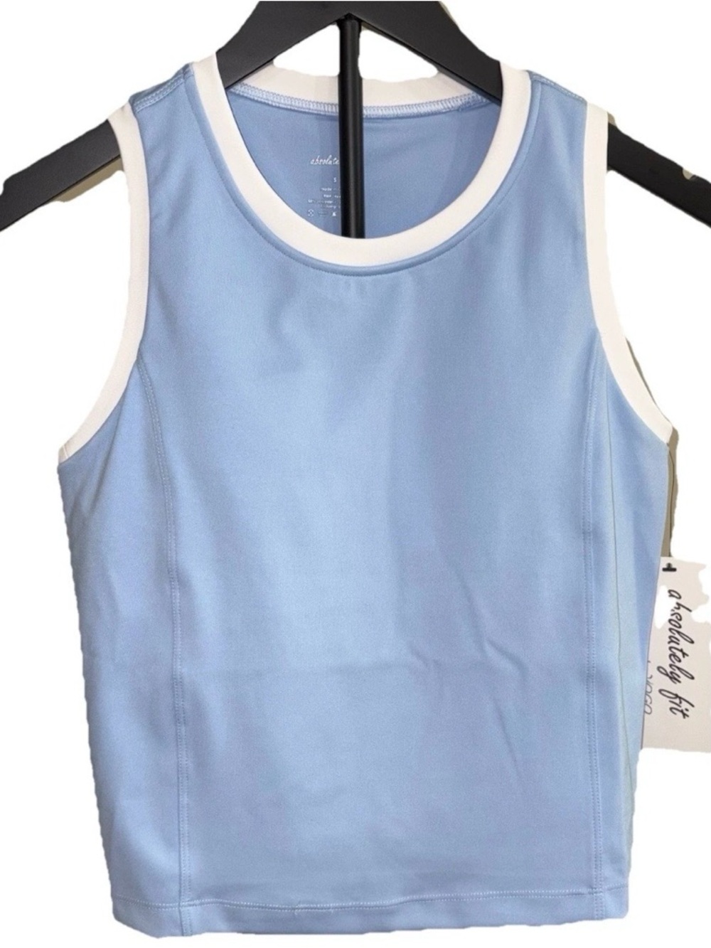 Absolutely Fit Sky Blue Athletic Tank Top White Trim Size S NWT Built In Bra